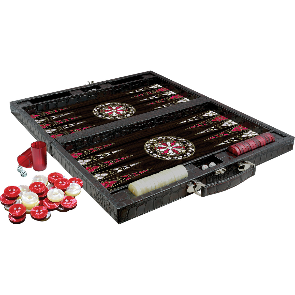 DELUXE Backgammon Set ANTIQ GREYSTONE Koffer mit Premium Kroko-Prägung 58x48 cm 